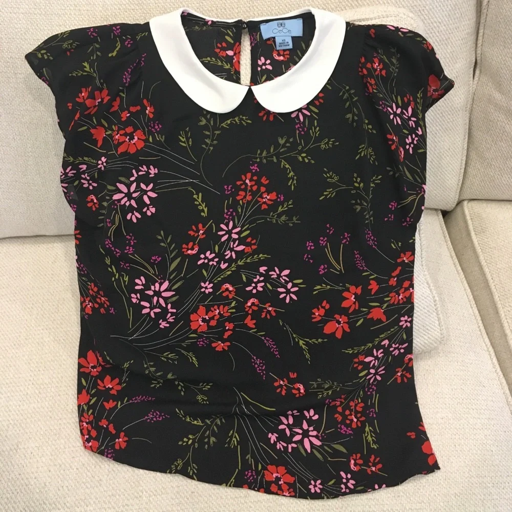 CeCe Floral Short Sleeve Top With Collar, Size XS - Picture 1 of 5